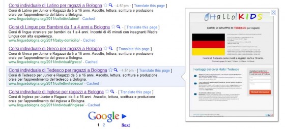 Comportamento corretto di Google instant preview